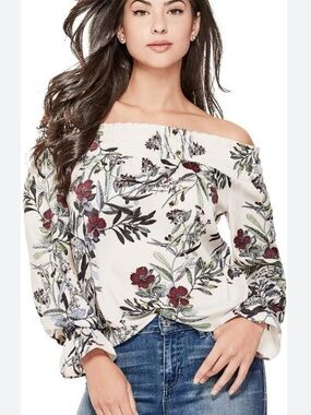 Guess White Floral Off-Shoulder Blouse with Burgundy & Green Print